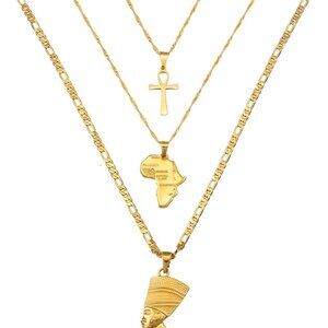 14k Gold Nefertiti Necklace with Ankh Africa Map Sterling Silver Chain Jewelry